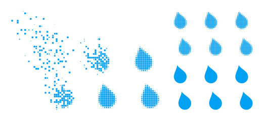 Dissolving pixelated drops icon with wind effect, and halftone vector image. Pixelated dissolving effect for drops demonstrates speed and movement of cyberspace things.