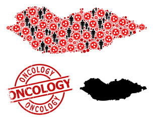 Mosaic map of Socotra Island designed from SARS virus items and people elements. Oncology textured seal stamp. Black people elements and red flu virus items. Oncology text is inside round seal.