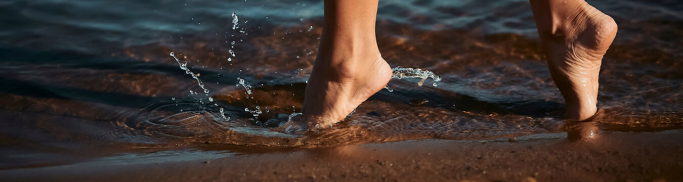 A barefoot girl enters the water to swim. Legs of a slender girl close-up. Rest at a resort near the sea, river. Beach season. Splashes are flying from under your feet
