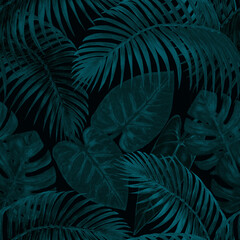 Watercolor abstract summer night seamless pattern with tropical exotic plants © Olga