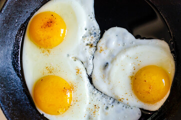 fried eggs in a frying pan