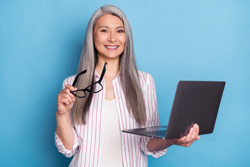 Portrait of attractive intelligent cheerful grey-haired woman using laptop it project start-up...