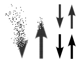 Damaged pixelated vertical exchange arrows icon with wind effect, and halftone vector composition.