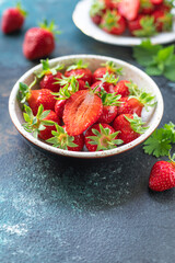 Strawberry berries red juicy fruit ripe sweet dessert fresh on the table healthy meal copy space food background rustic top view