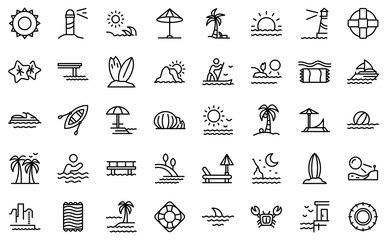 Seaside icons set. Outline set of seaside vector icons for web design isolated on white background