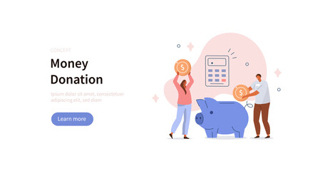 People characters donating money. Volunteers collecting and putting coins in piggy bank. Financial support and fundraising concept. Flat cartoon vector illustration.