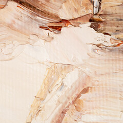 Embossed pasty oil paints and reliefs. Primary colors: ocher, white, pink.  Abstract art.