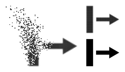 Dissipated dotted pull right pictogram with wind effect, and halftone vector pictogram. Pixel disintegration effect for pull right reproduces speed and movement of cyberspace matter.