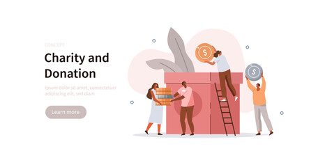 People characters donating money. Volunteers putting coins in big donation box. Financial support and fundraising concept. Flat cartoon vector illustration.