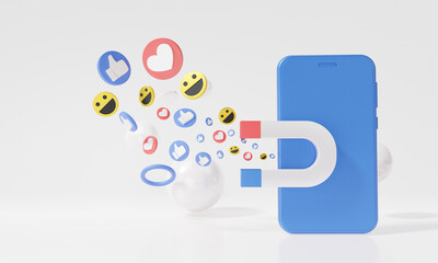 Fototapeta premium Smartphone magnet attracting digital marketing Social media online concept with show emoji, heart, like, smile to communicate digitally minimal on white background, banner, website, 3d rendering