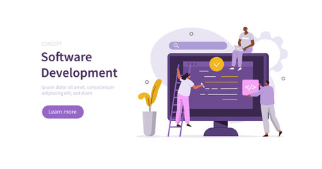 People characters working together and developing new software. Developers team programming and writing program code. Development process concept. Flat cartoon vector illustration.