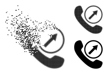 Damaged dotted outgoing call icon with wind effect, and halftone vector icon. Pixel defragmentation effect for outgoing call reproduces speed and movement of cyberspace items.