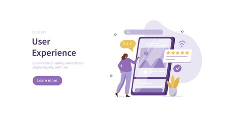 Character testing user interface and usability for mobile app. Customer or tester giving feedback on smartphone. Customer experience and mobile development concept. Flat cartoon vector illustration.