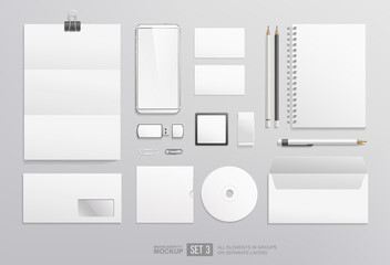 White Stationery items blank mockup set for Corporate Brand Identity design. Business Stationery mockup of white phone, blank, notebook, envelope, letter, business card, envelope