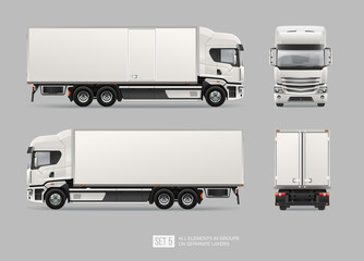 White Delivery Cargo Truck vector template for brand identity mockup design advertising. Realistic Corporate Truck Hi-detailed layout. Front and back view truck template © VRTX