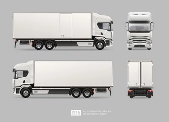 Deurstickers White Delivery Cargo Truck vector template for brand identity mockup design advertising. Realistic Corporate Truck Hi-detailed layout. Front and back view truck template © VRTX