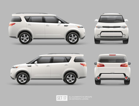 Passenger Suv Car For Mockup Design. Car Mockup For Corporate Brand Identity And Advertising On Passenger Transport. Side View White Car. Corporate Vehicle 