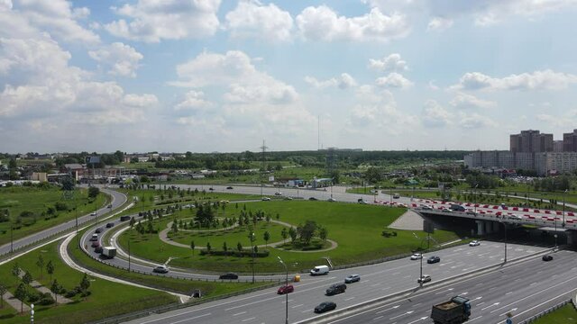 Aerial view of road with moving cars in Moscow City
