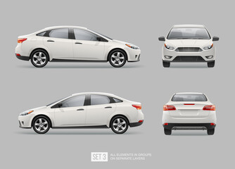 Realistic Business Car Sedan isolated from grey. Corporate Vehicle template for branding mockup and corporate identity on transport. Side view white passenger car - obrazy, fototapety, plakaty