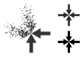 Damaged pixelated compress arrows pictogram with wind effect, and halftone vector image. Pixelated dematerialization effect for compress arrows shows speed and motion of cyberspace items.