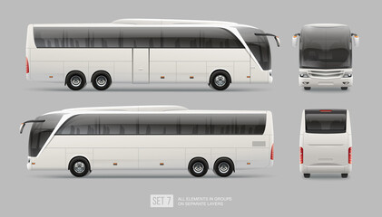 Vector  Passenger Coach bus blank surface template isolated on grey background. Travel Bus for brand identity design. Side view realistic Bus template. Side view travel coach bus - obrazy, fototapety, plakaty