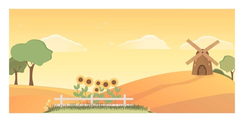Vector illustration in a trendy flat style and space for text. For a page, web, postcard, banner. Sunflowers, windmill, trees against the sky in the summer, autumn landscape.