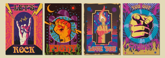 Poster Hand Gestures and Psychedelic Art Backgrounds, 1960s - 1970s Rock Music Posters Style Illustrations  © koyash07