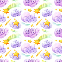 Watercolor cute seamless pattern with stars and clouds. Hand drawn collage illustration with abstract pastel clouds. 