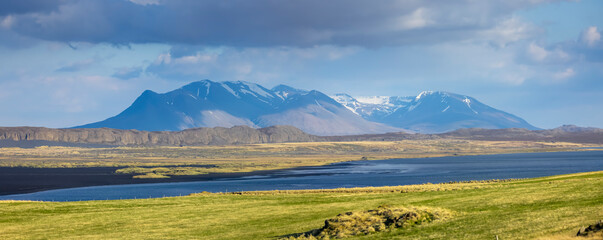 Panoramic view of mountains in northern Iceland during summer time