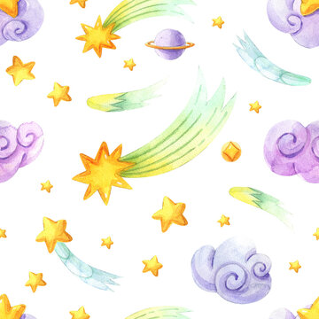 Watercolor cute seamless pattern with stars and clouds. Hand-drawn collage illustration with stars, comets, abstract pastel. 