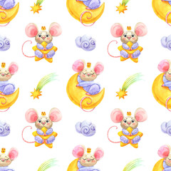 Seamless pattern with watercolor cute white mouses and night sky. Good kids room interior wallpaper, fabric textile, wrap packaging paper, web site background design.