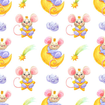 Seamless pattern with watercolor cute white mouses and night sky. Good kids room interior wallpaper, fabric textile, wrap packaging paper, web site background design.