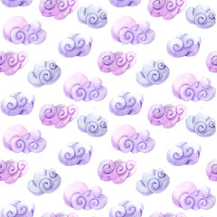Watercolor cute seamless pattern with stars and clouds. Hand drawn collage illustration with abstract pastel clouds. 
