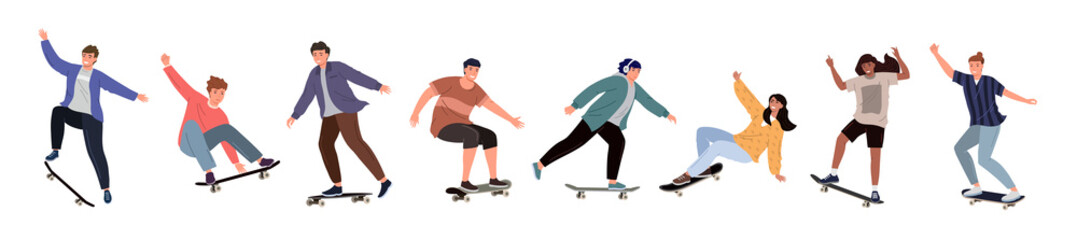 Set of diverse people riding a skateboard. Colored flat vector illustration of skateboarders in different poses isolated on white background