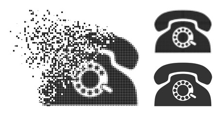 Fragmented pixelated pulse phone icon with destruction effect, and halftone vector image. Pixelated degradation effect for pulse phone gives speed and movement of cyberspace concepts.