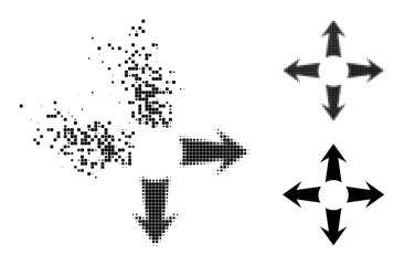 Dissolving pixelated expand arrows icon with wind effect, and halftone vector composition. Pixelated explosion effect for expand arrows reproduces speed and movement of cyberspace objects.