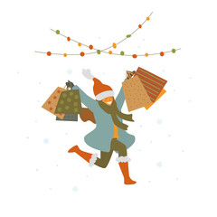 happy cute girl jumping for joy with shopping bags, christmas winter sale isolated vector illustration graphic
