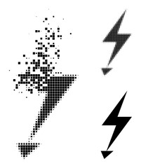 Decomposed pixelated electric strike pictogram with wind effect, and halftone vector pictogram. Pixel burst effect for electric strike gives speed and movement of cyberspace matter.