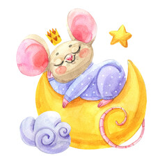 Watercolor hand draw illustration cute mouse  huging the star ; can be used for cards, invitations, baby shower, posters; with white isolated background