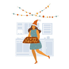 woman baking christmas gingerbread cookies vector illustration scene