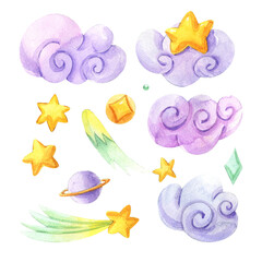 Watercolor fairy tale collection with cute planet, stars, little comets, and fairy clouds isolated on white background. Hand painted elements for kids, children design