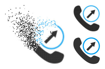 Dust pixelated outgoing call icon with destruction effect, and halftone vector icon. Pixelated burst effect for outgoing call shows speed and motion of cyberspace concepts.