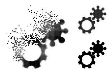 Disappearing pixelated gears icon with wind effect, and halftone vector composition. Pixelated dissipation effect for gears gives speed and movement of cyberspace concepts. - obrazy, fototapety, plakaty