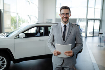Confident young car dealer standing in showroom and holding a paper while posing.