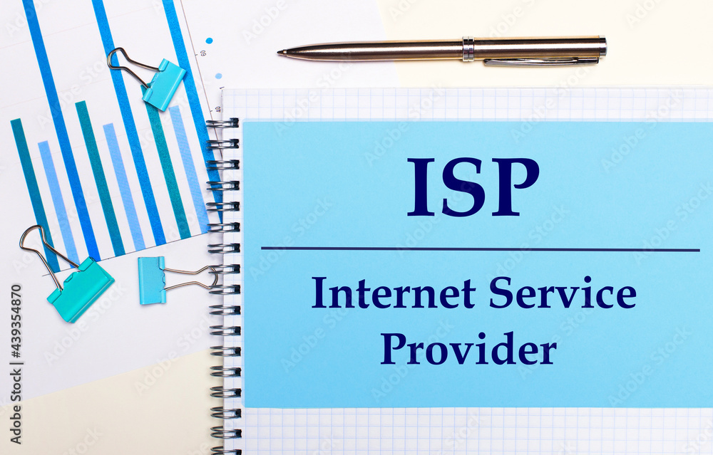 Poster on a light background - light blue diagrams, paper clips and a sheet of paper with the text isp inte