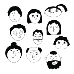 set of cartoon faces. Funny character human. Head people icon