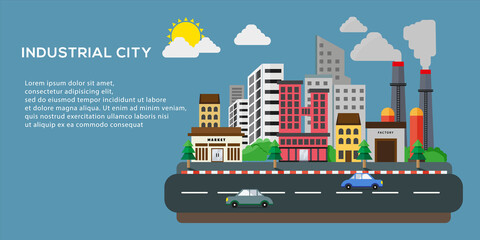 Urban Landscape Banner with Flat Style Illustration.
The concept of Living in an Industrial City with a lot of air pollution