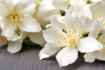 Beautiful blooming jasmine with green leaves on a grey wooden background.