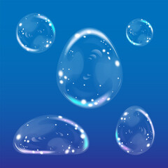 Five soap bubbles of different shapes on a blue background.