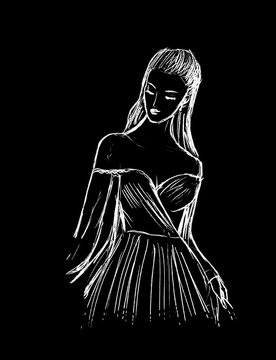 Graphic image of a white girl in an evening dress on a black background